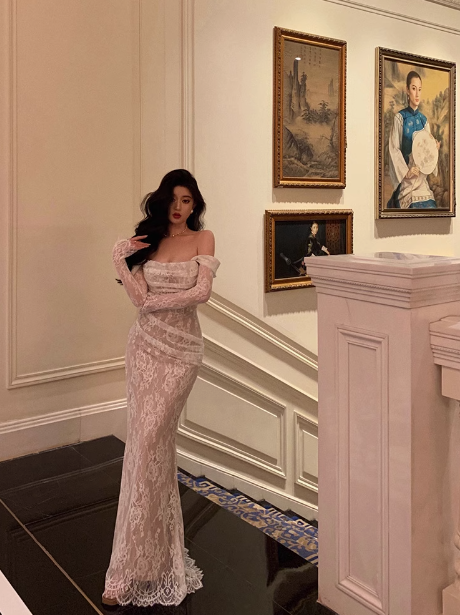 Elegant Mermaid Off The Shoulder White Lace Long Sleeves Burgundy 23rd Birthday Dress Party Gown Birthday Outfits Birthday Dress Ideas For Women DP1477