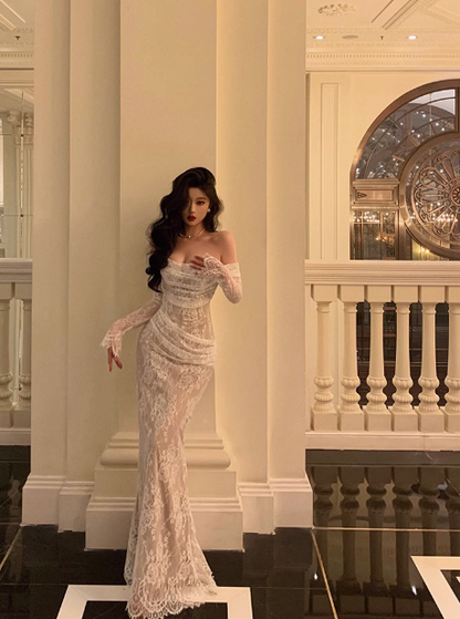 Elegant Mermaid Off The Shoulder White Lace Long Sleeves Burgundy 23rd Birthday Dress Party Gown Birthday Outfits Birthday Dress Ideas For Women DP1477