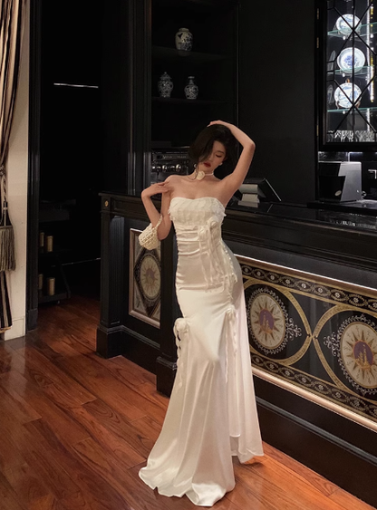 Elegant Mermaid Sweetheart White Satin 23rd Birthday Dress Party Gown Birthday Outfits Birthday Dress Ideas For Women DP1486