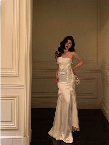 Elegant Mermaid Sweetheart White Satin 23rd Birthday Dress Party Gown Birthday Outfits Birthday Dress Ideas For Women DP1486