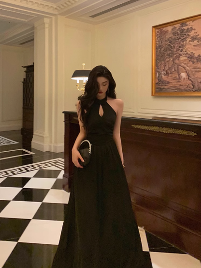 Sexy A line Halter Black Satin 21st Birthday Dress Party Gown Birthday Outfits Birthday Dress Ideas For Women DP1638