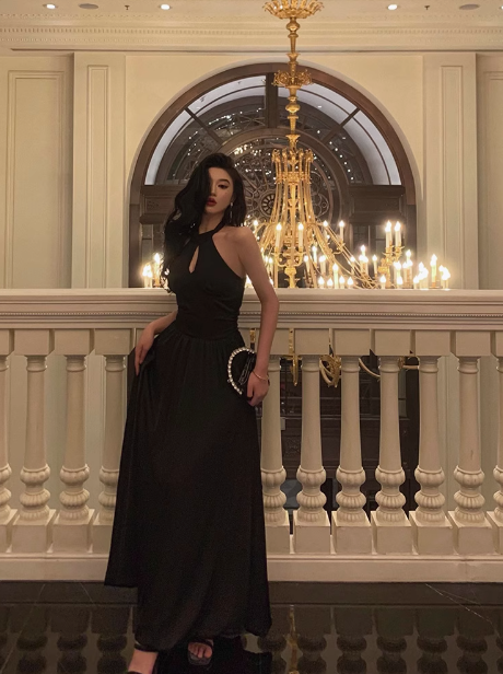 Sexy A line Halter Black Satin 21st Birthday Dress Party Gown Birthday Outfits Birthday Dress Ideas For Women DP1638