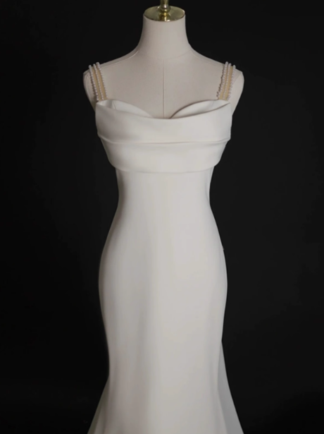 Simple Bridal Gown Mermaid Spaghetti Straps Satin White Wedding Dresses Minimalist Bridal Gowns DP1659