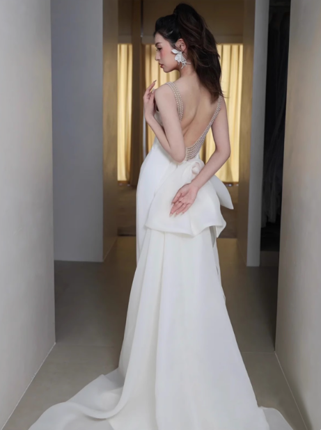 Simple Bridal Gown Mermaid Spaghetti Straps Satin White Wedding Dresses Minimalist Bridal Gowns DP1659