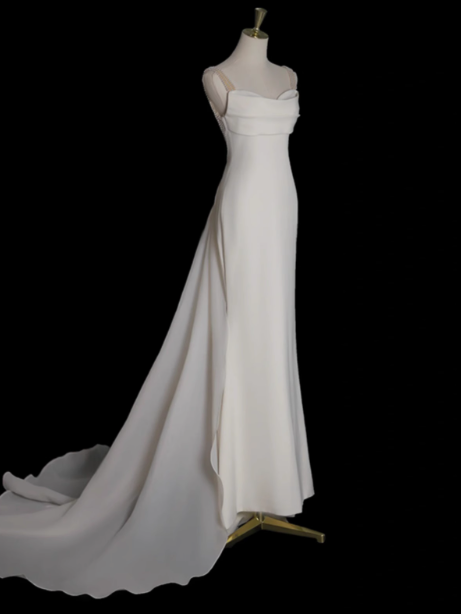 Simple Bridal Gown Mermaid Spaghetti Straps Satin White Wedding Dresses Minimalist Bridal Gowns DP1659