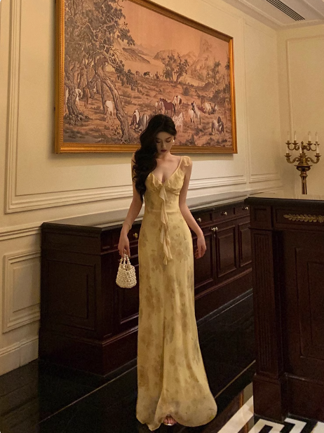 Elegant A line Spaghetti Straps Yellow Floral Sleeveless 21st Birthday Dress Party Gown Birthday Outfits Birthday Dress Ideas For Women DP544