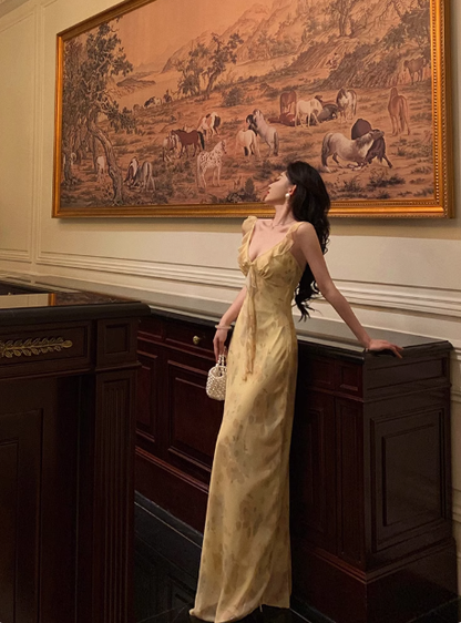 Elegant A line Spaghetti Straps Yellow Floral Sleeveless 21st Birthday Dress Party Gown Birthday Outfits Birthday Dress Ideas For Women DP544