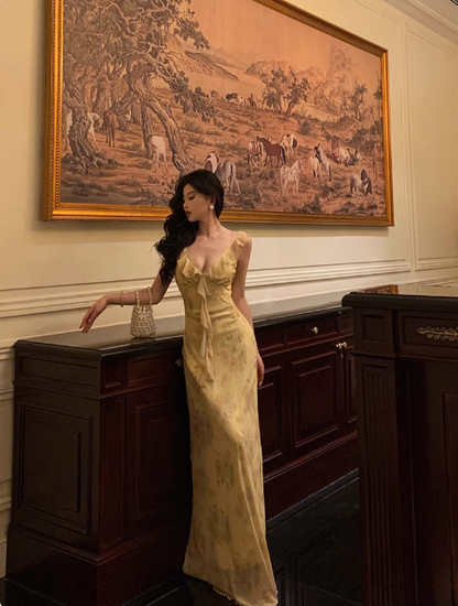 Elegant A line Spaghetti Straps Yellow Floral Sleeveless 21st Birthday Dress Party Gown Birthday Outfits Birthday Dress Ideas For Women DP544