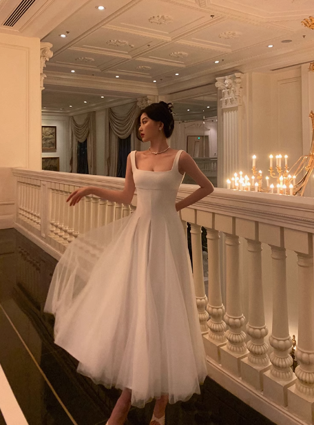 Elegant A line Square neckline Sleeveless White Tulle 21st Birthday Dress Party Gown Birthday Outfits Birthday Dress Ideas For Women DP551