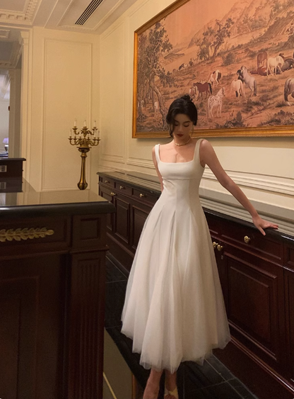 Elegant A line Square neckline Sleeveless White Tulle 21st Birthday Dress Party Gown Birthday Outfits Birthday Dress Ideas For Women DP551