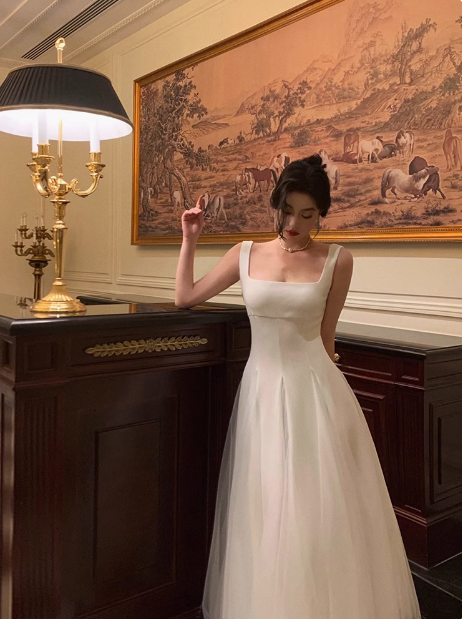 Elegant A line Square neckline Sleeveless White Tulle 21st Birthday Dress Party Gown Birthday Outfits Birthday Dress Ideas For Women DP551