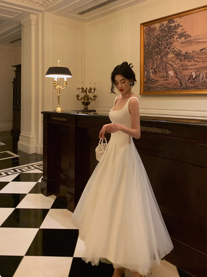 Elegant A line Square neckline Sleeveless White Tulle 21st Birthday Dress Party Gown Birthday Outfits Birthday Dress Ideas For Women DP551