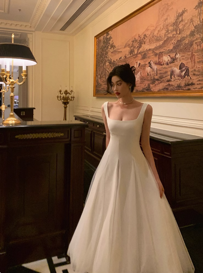 Elegant A line Square neckline Sleeveless White Tulle 21st Birthday Dress Party Gown Birthday Outfits Birthday Dress Ideas For Women DP551