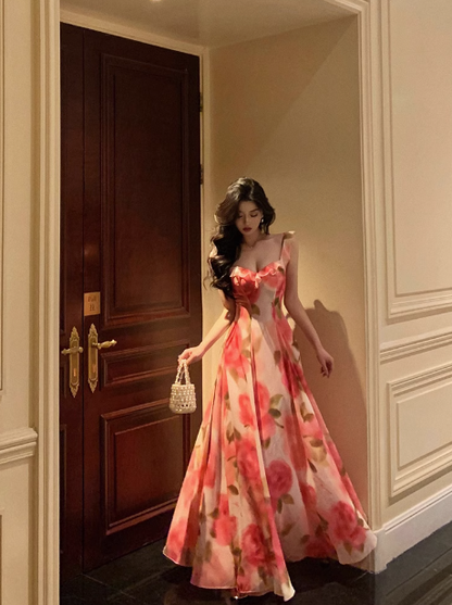 Classy A line Spaghetti Straps Pink Floral Sleeveless 18th Birthday Dress Party Gown Birthday Outfits Birthday Dress Ideas For Women DP554