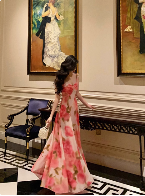 Classy A line Spaghetti Straps Pink Floral Sleeveless 18th Birthday Dress Party Gown Birthday Outfits Birthday Dress Ideas For Women DP554