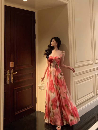 Classy A line Spaghetti Straps Pink Floral Sleeveless 18th Birthday Dress Party Gown Birthday Outfits Birthday Dress Ideas For Women DP554