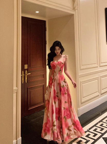 Classy A line Spaghetti Straps Pink Floral Sleeveless 18th Birthday Dress Party Gown Birthday Outfits Birthday Dress Ideas For Women DP554