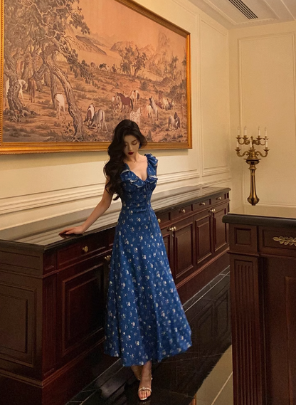 Classy A line V Neckline Blue Chiffon Sleeveless 18th Birthday Dress Party Gown Birthday Outfits Birthday Dress Ideas For Women DP557