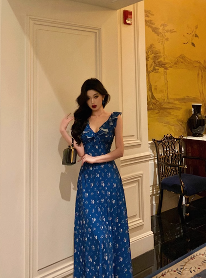 Classy A line V Neckline Blue Chiffon Sleeveless 18th Birthday Dress Party Gown Birthday Outfits Birthday Dress Ideas For Women DP557