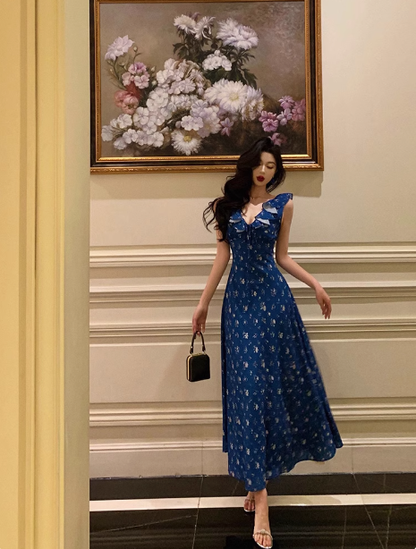 Classy A line V Neckline Blue Chiffon Sleeveless 18th Birthday Dress Party Gown Birthday Outfits Birthday Dress Ideas For Women DP557