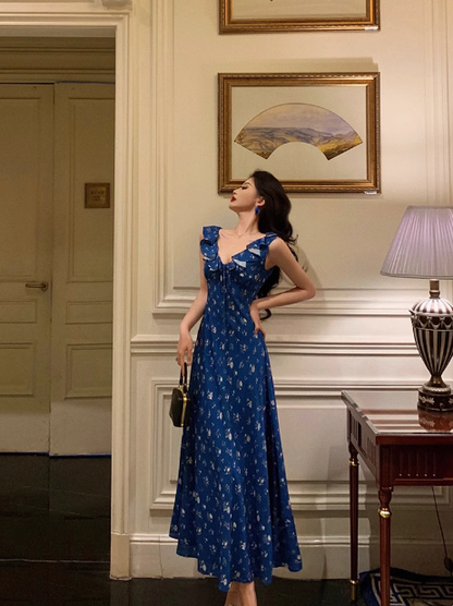 Classy A line V Neckline Blue Chiffon Sleeveless 18th Birthday Dress Party Gown Birthday Outfits Birthday Dress Ideas For Women DP557