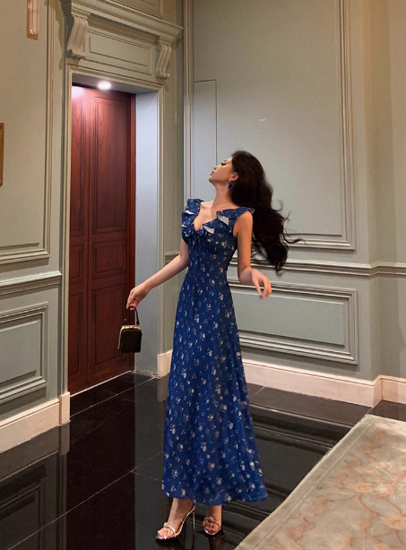 Classy A line V Neckline Blue Chiffon Sleeveless 18th Birthday Dress Party Gown Birthday Outfits Birthday Dress Ideas For Women DP557