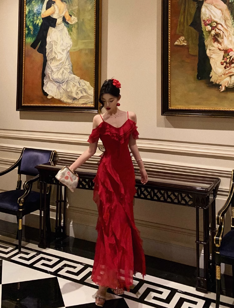 Classy A line Spaghetti Straps Red Chiffon Sleeveless 18th Birthday Dress Party Gown Birthday Outfits Birthday Dress Ideas For Women DP558