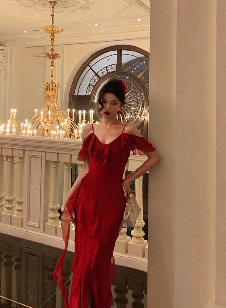 Classy A line Spaghetti Straps Red Chiffon Sleeveless 18th Birthday Dress Party Gown Birthday Outfits Birthday Dress Ideas For Women DP558