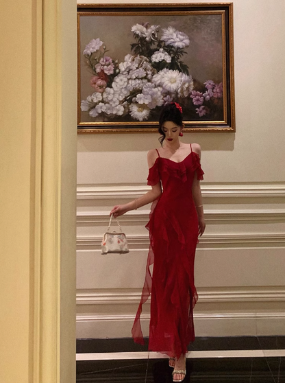 Classy A line Spaghetti Straps Red Chiffon Sleeveless 18th Birthday Dress Party Gown Birthday Outfits Birthday Dress Ideas For Women DP558