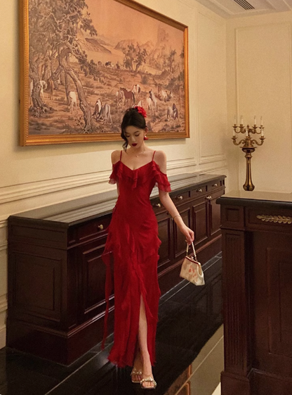 Classy A line Spaghetti Straps Red Chiffon Sleeveless 18th Birthday Dress Party Gown Birthday Outfits Birthday Dress Ideas For Women DP558