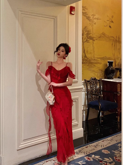 Classy A line Spaghetti Straps Red Chiffon Sleeveless 18th Birthday Dress Party Gown Birthday Outfits Birthday Dress Ideas For Women DP558