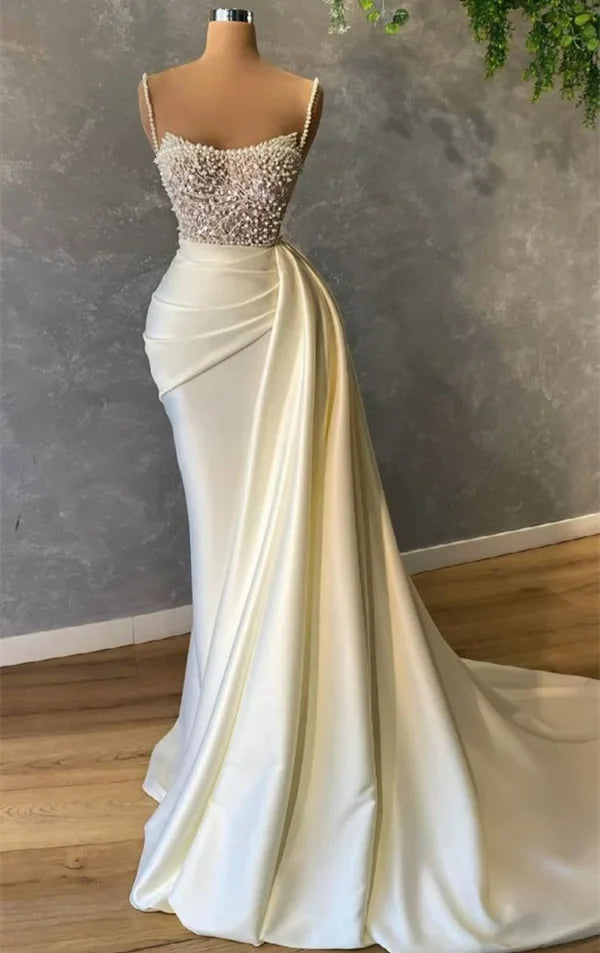 Elegant Ivory Pearls Mermaid Bridal Gown Spaghetti-Straps Beautiful Wedding Dress Brides Dress DP626