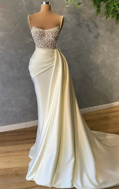 Elegant Ivory Pearls Mermaid Bridal Gown Spaghetti-Straps Beautiful Wedding Dress Brides Dress DP626