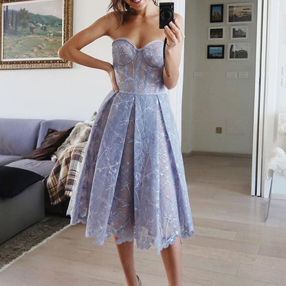 loveedsTM- Sexy Sling Strapless Puffy Princess Dress Fashion Sleeveless High Split Party Evening Dress Women Solid Lace Slim Elegant Dress