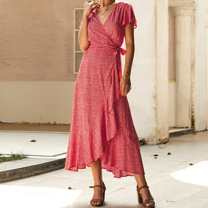 loveedsTM-Summer Vacation Holiday Dress Boho Green Printed Sashes Ruffles Bohemian Midi Dress V-Neck Irregular Short Sleeve Sundress