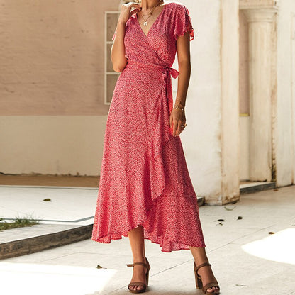 loveedsTM-Summer Vacation Holiday Dress Boho Green Printed Sashes Ruffles Bohemian Midi Dress V-Neck Irregular Short Sleeve Sundress