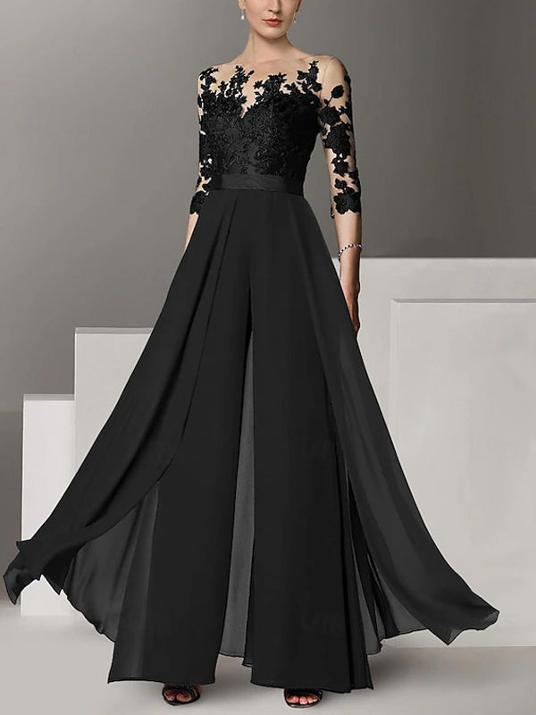 Round Neck Solid Color Lace Jumpsuit