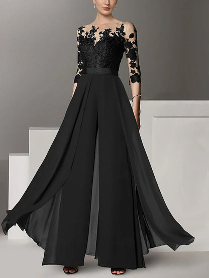 Round Neck Solid Color Lace Jumpsuit