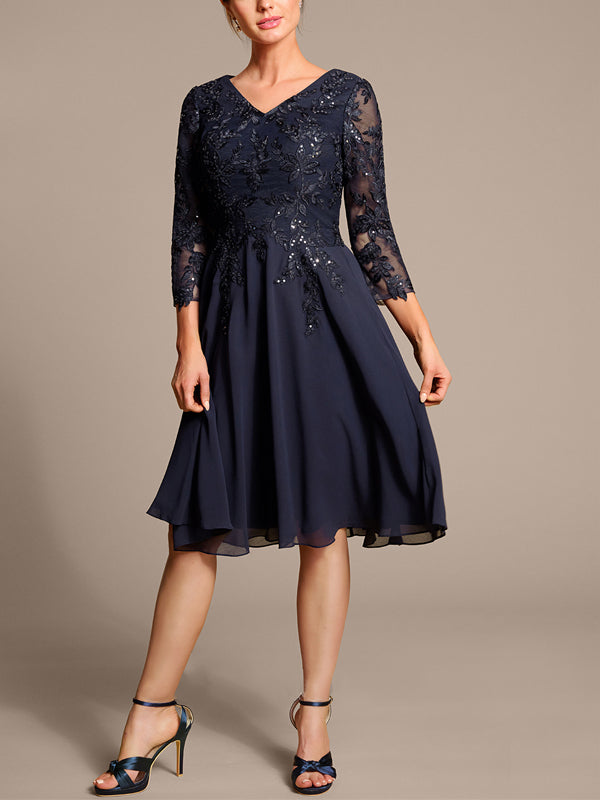 V-neck Lace Solid Color Midi Dress