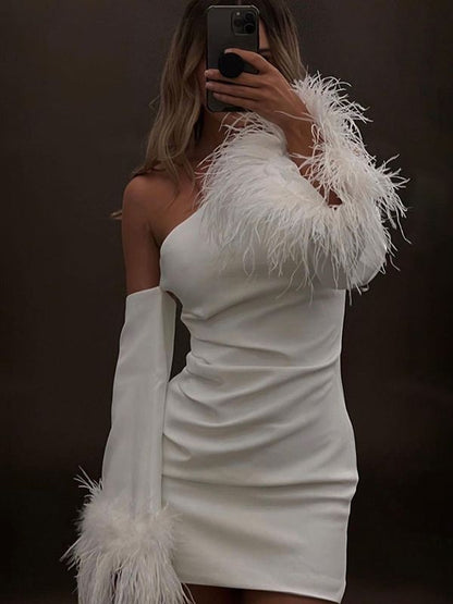 loveedsTM- One Shoulder Long Sleeve Mini Dress With Feathers Black Autumn Party Evening Club Furry Bodycon Sexy Dresses Women