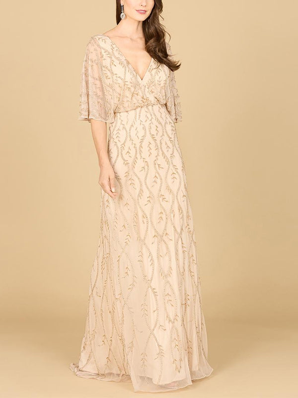 V-Neck Sequin Print Long Sleeves Maxi Dress