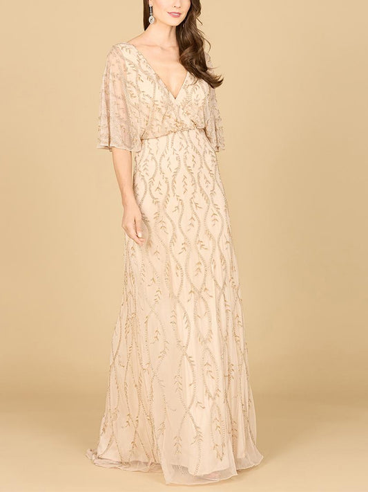 V-Neck Sequin Print Long Sleeves Maxi Dress