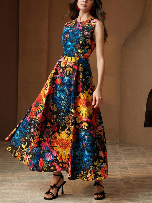 Floral Waist Fit A-Line Elegant Women's Holiday Dress