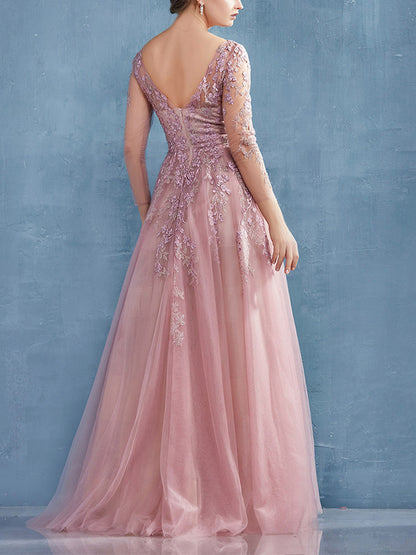 V-neck Mesh Lace Maxi Dress