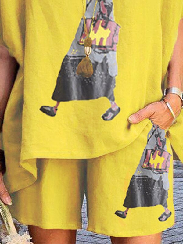 Printed Short Sleeve Cotton Linen Women's Suit