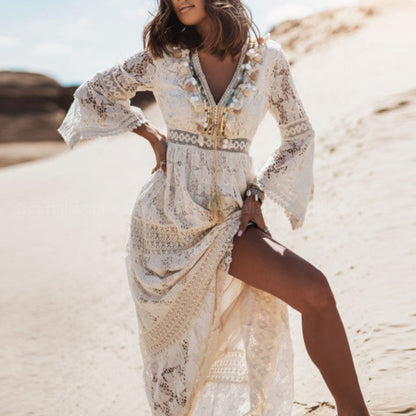 loveedsTM- Elegant V Neck Lady Loose Maxi Party Dress Women Flare Sleeve Solid Lace Dress Summer Hollow Out Casual Long Dress Vestidos