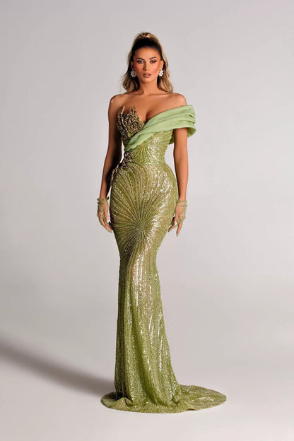 loveedsTM-Green sequined waist one shoulder dress-vx