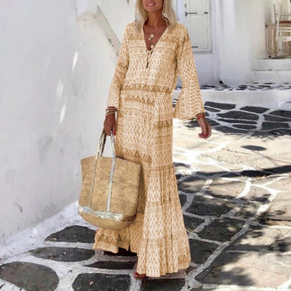 loveedsTM-Women Vintage Geometric Print Long Party Dress Elegant Flare Sleeve Long Beach Dress  Sexy Spring Summer V Neck Maxi Dresses