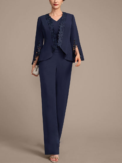 V-Neck Solid Color Short-Sleeved Top And Trousers Three-Piece Suit