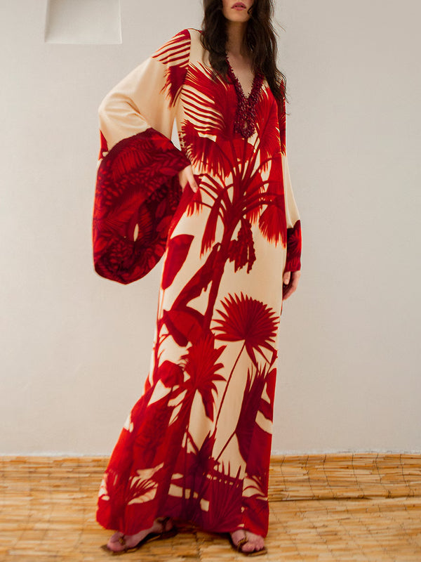 V-neck Elegant Plant Print Holiday Women's Dress